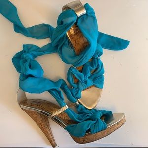 Teal scarf wrap heeled sandal